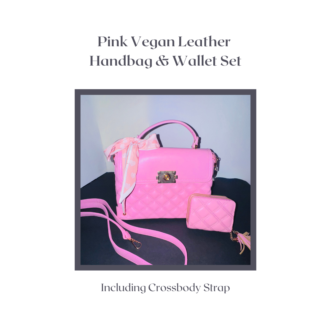 Pink Quilted Vegan Leather Handbag & Wallet Set
