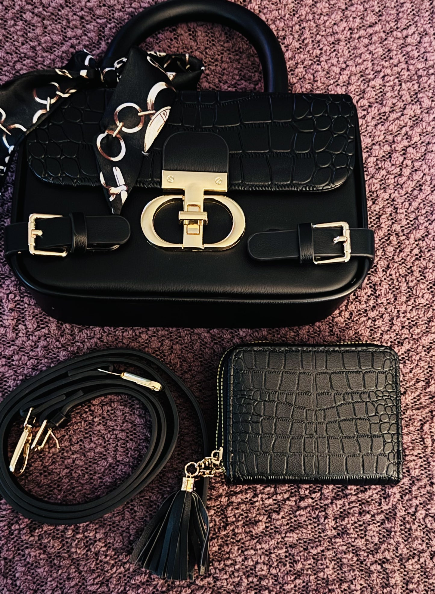 Black Vegan Leather Handbag & Wallet Set