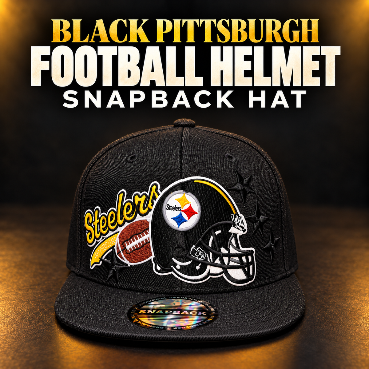 Black Pittsburgh Football Helmet Snapback Hat