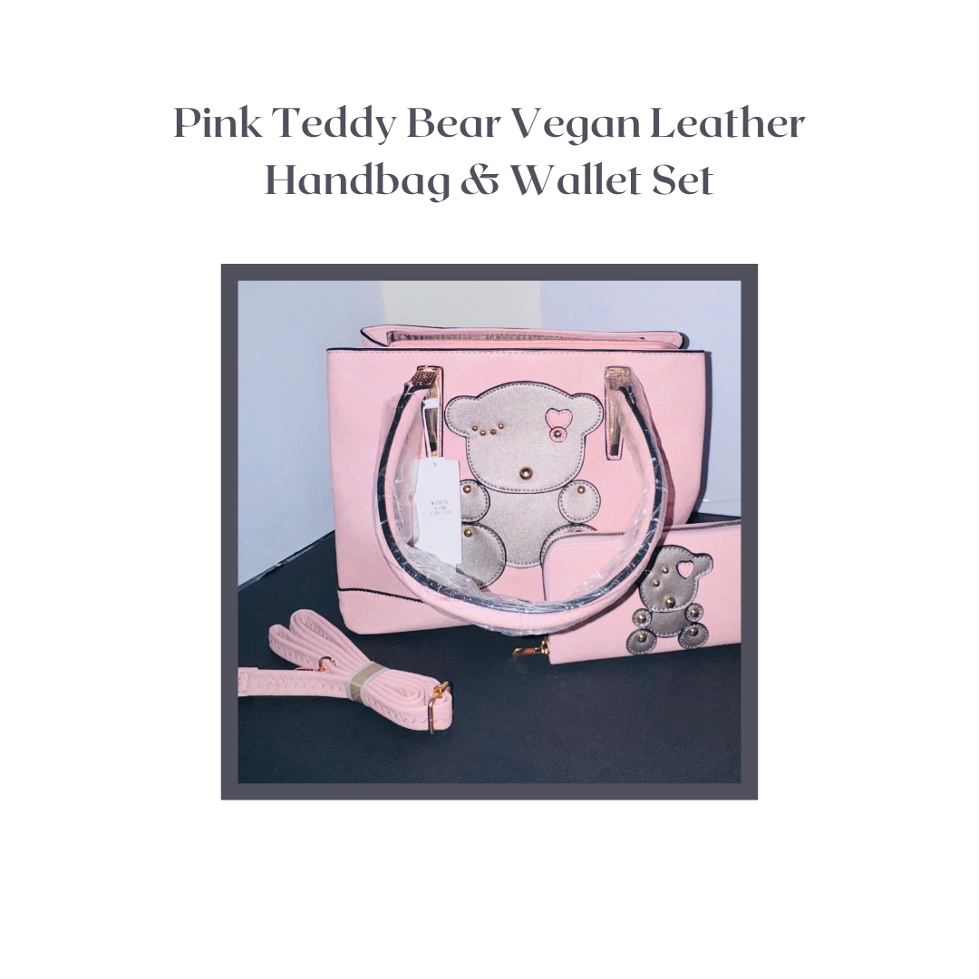 Pink Teddy Bear Vegan Leather Handbag Wallet Set