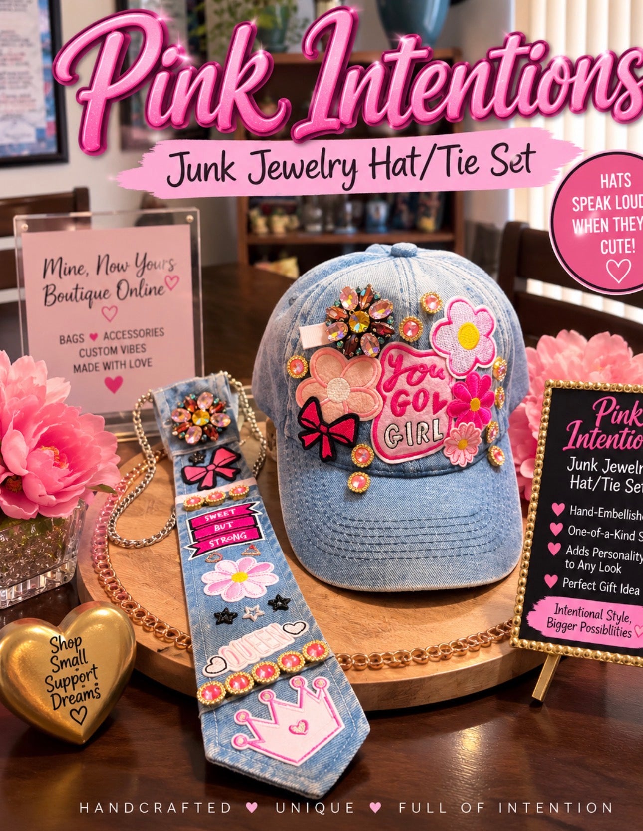 Pink Intentions Junk Jewelry Hat/Tie Set