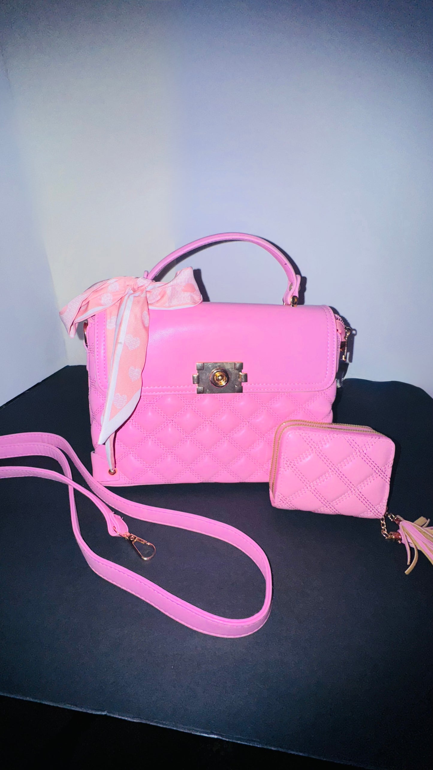 Pink Quilted Vegan Leather Handbag &amp; Wallet Set
