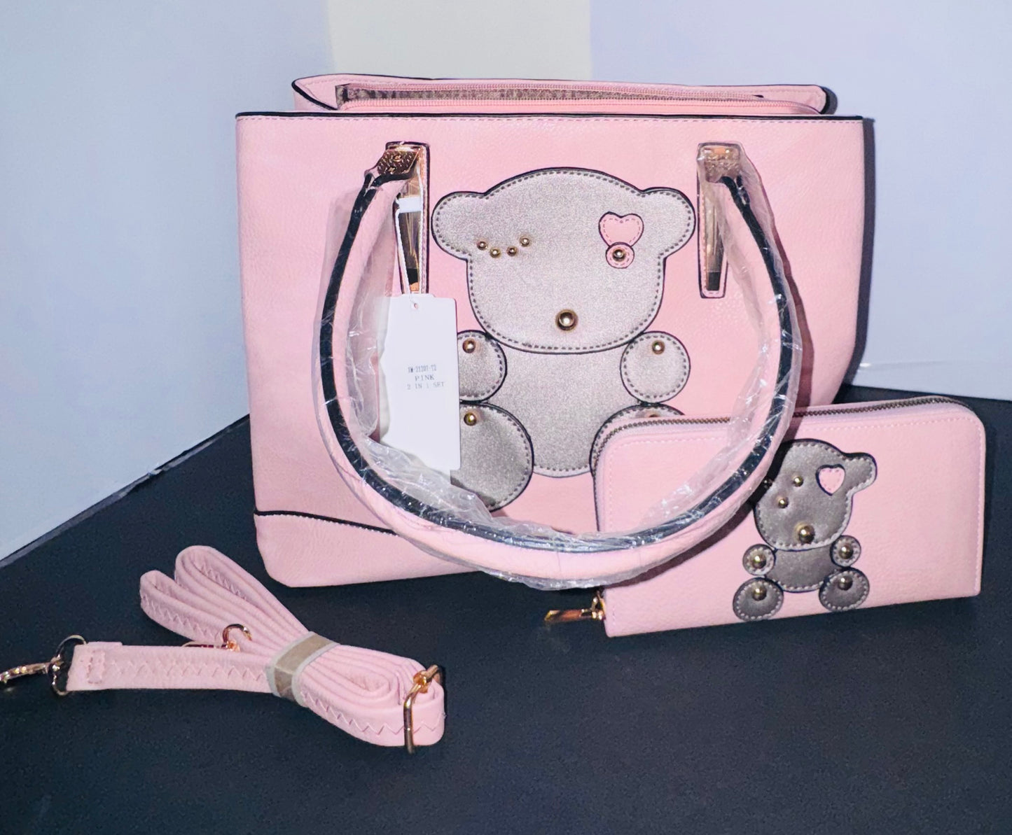 Pink Teddy Bear Vegan Leather Handbag Wallet Set