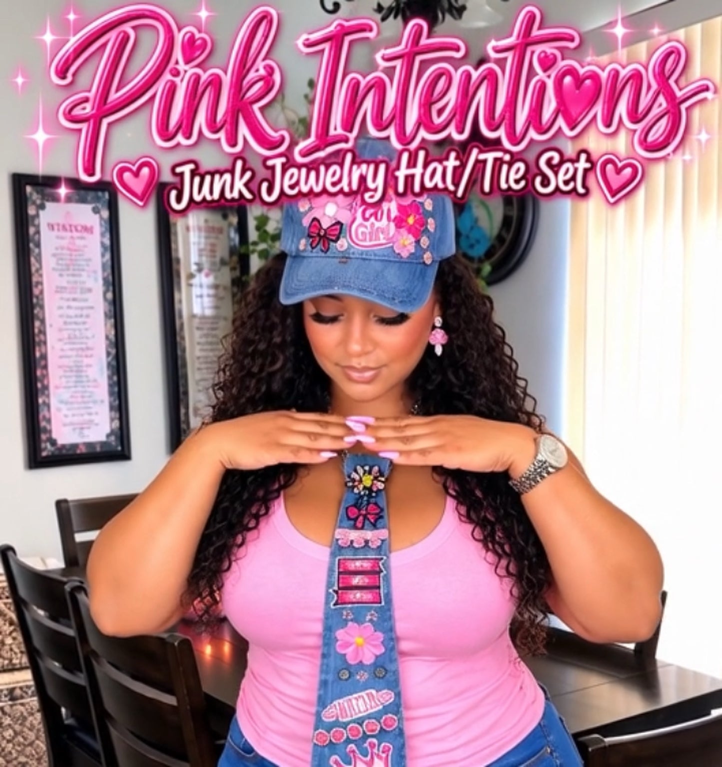 Pink Intentions Junk Jewelry Hat/Tie Set